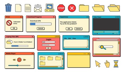 Nostalgic 90s Ui. Retro error messages, old computer icons and app windows vector set