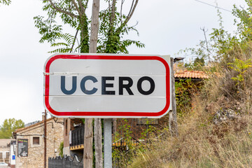 village entry sign at Ucero, province of Soria, Castile and Leon, Spain