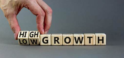 High or low growth symbol. Businessman turns wooden cubes and changes words Low growth to High growth. Beautiful grey table grey background, copy space. Business high or low growth concept.