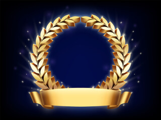 Golden laurel wreath frame. Honoring template with gold circle branch, victory celebration reward and vip champion ring vector presentation background