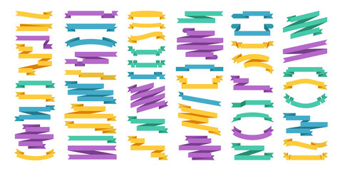 Ribbon banner set. Sign title frame, vintage label and color geometric ribbons vector collection