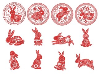 Zodiac rabbit. Chinese lunar new year animal with flowers ornaments, asian rabbits stamps and red horoscope vector Illustration set