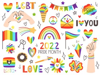 Pride LGBT symbols. Pride month, love signs and rainbow flags. LGBTQ plus community festival icons vector set