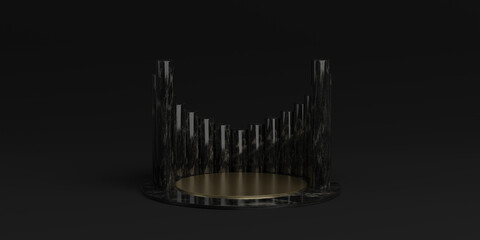 3D illustration, Modern minimalist mockup for podium display or showcase, black 3D rendering background for product promotion. Abstract platform.