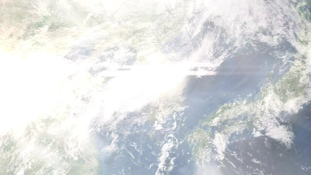 Earth zoom in from outer space to city. Zooming on Asan, Chungcheongnam-do, South Korea. The animation continues by zoom out through clouds and atmosphere into space. Images from NASA