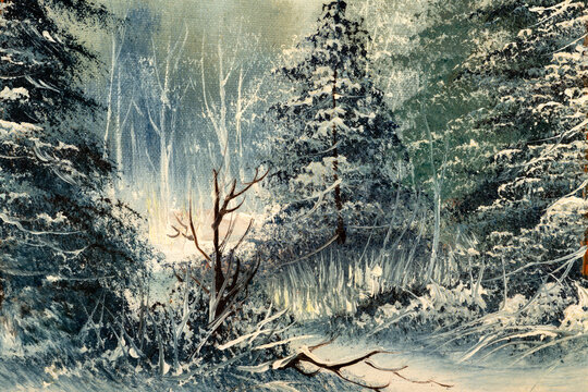 Evergreen pine trees in a snowy field. Close up of vintage winter scene oil painting. Christmas concept.