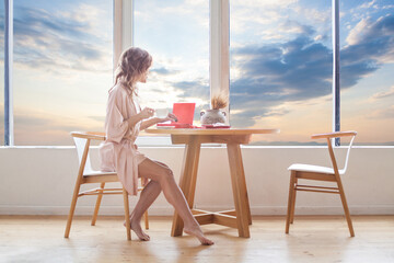 Perfect woman having breakfast in hotel room