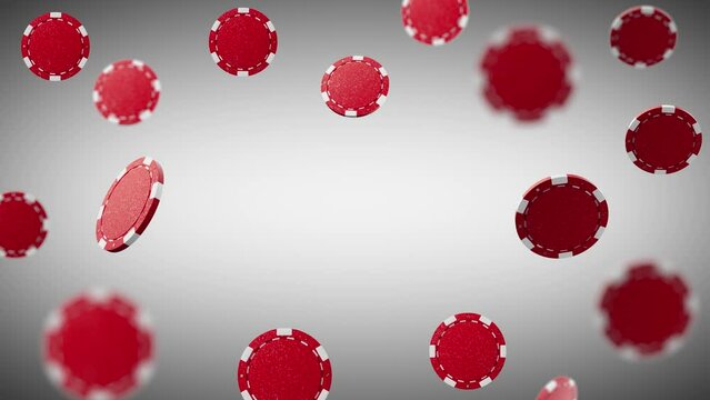 Close up. Slow motion. Loop video. Levitation red poker chips, tokens on white background. Concept of casino, game design, advertising, win. Poker chips 4k stock footage