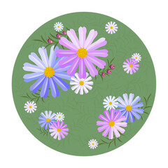 Round flower composition with berries. Green background. Bright summer colors. Vector illustration