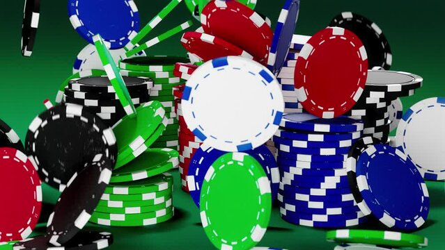 Close up. Super slow motion of falling poker chips on poker chips stack. Poker table felt. Concept of casino, game design, advertising, win. Poker chips 4k stock footage