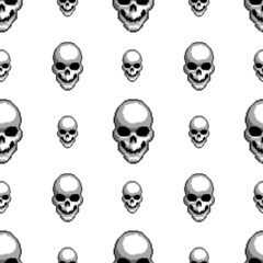 Black pixel art style vector seamless pattern with skulls, illustration for t-shirts, clothes, helmets, cars, covers and wallpapers. concept graphic design element. Isolated on white background.