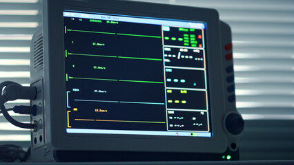 Closeup heart rate monitor device showing no vital signs in intensive care room.