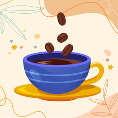 Cup of hot coffee on abstract background. Decorative design for cafeteria, posters, cards, banners