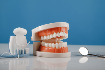 Plastic jaw with toothbrush and dental floss on a blue background. Oral hygiene concept