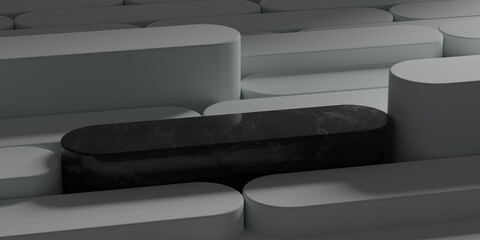 Black  3D illustration with White background, Modern minimalist mockup for podium display or showcase, Black background for product promotion. Abstract platform.