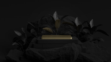 3D illustration, Modern minimalist mockup for podium display or showcase, Black background for product promotion. Abstract platform, Golden stand