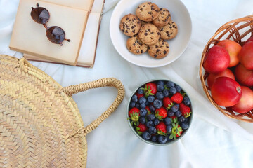 Picninc blanket with straw bag, bowl of strawberries and blueberries, bowl of chocolate chip cookies, books, sunglasses and basket of apples in the garden. Top view. 