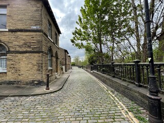 View Down, Albert Terrace, from the corner of, Fanny Street, in the Victorian village of, Saltaire, UK