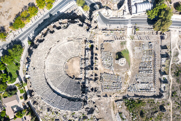 The ancient city of Side. Peninsula. Amphitheater in Side. Tyukhe Temple. Agora. Ruins of the ancient city. Turkey. Shooting from a drone