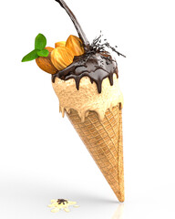 Sahneeis Mandel mit Nuss in einer Waffel mit flüssigem Schokoladen-Topping und Schokospritzer mit Klecks auf Boden