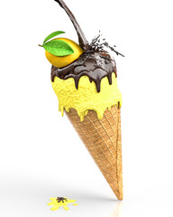 Sahneeis Zitrone mit Frucht in einer Waffel mit flüssigem Schokoladen-Topping und Schokospritzer mit Klecks auf Boden