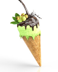 Sahneeis Pistazien in einer Waffel mit flüssigem Schokoladen-Topping und Schokospritzer