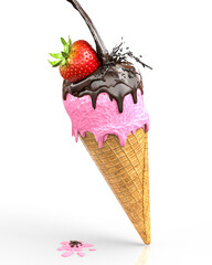 Sahneeis Erdbeere mit Frucht in einer Waffel mit flüssigem Schokoladen-Topping und Schokospritzer mit Klecks auf Boden