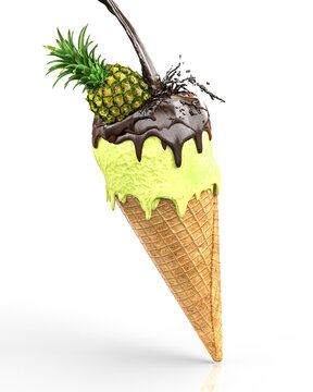 Sahneeis Ananas mit Frucht in einer Waffel mit fl&uuml;ssigem Schokoladen-Topping und Schokospritzer 