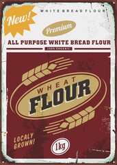 Flour retro sign label design. Wheat flour vintage billboard or promo vector banner for grocery store. 