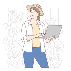 A woman uses a notebook computer in the garden to record and analyze vegetable growth,isolated on white background,illustration