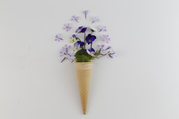 Bouquet of spring flowers in a waffle cone. Spring.