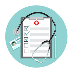 Doctor physician professional medical hospital accessories. Clip board, marked checklist,stethoscope, badge, pencil. Health checkup, clinic diagnosis, treatment report concept Flat vector illustration