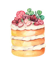 Watercolor food illustration. Cake with flowers and leaves. Cake with cream illustration. Festive cake. Design for cards, greetings, gifts, packing, weddings, girls, anniversary. Love and romantic.