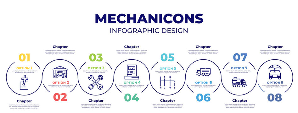 infographic template design vector with icons and 8 options or steps. infographic elements from mechanicons concept. included repairing bus, car in a garage, repair wrenches, fuel counter, driving