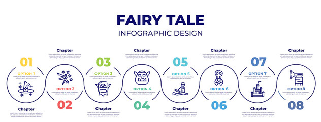 infographic template design vector with icons and 8 options or steps. infographic elements from fairy tale concept. included magician, fairy, monster, ogre, drawbridge, jolly roger, castle, fanfare.