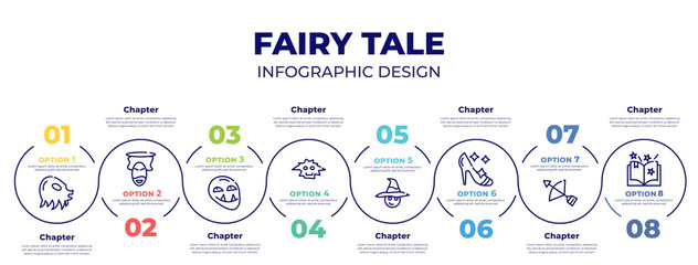 infographic template design vector with icons and 8 options or steps. infographic elements from fairy tale concept. included chimera, zeus, troll, yeti, fairy godmother, cinderella shoe, bow and - obrazy, fototapety, plakaty