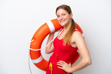 Young caucasian woman isolated on white background with lifeguard equipment and with happy...