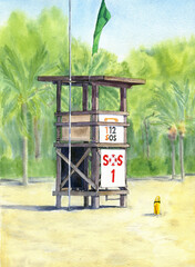 Fototapeta na wymiar Summer watercolor beach. Hand made tropical landscape.