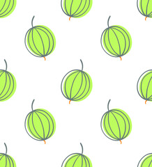 Pretty berries are scattered on the white background. Seamless pattern with a gooseberry in the doodle style. Drawn by ink. Polka dot texture.