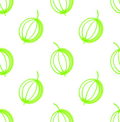 Green berries are scattered on the white background. Seamless pattern with a gooseberry in the doodle style. Drawn by ink. Polka dot texture.
