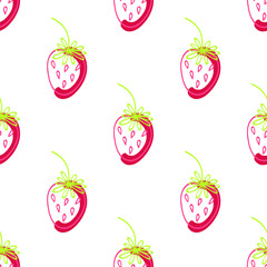 Bright juicy creative berry. Seamless pattern with vector illustration. Summer design with strawberry. Hand drew ink doodle style. Abstract fruity background. Polka dot. 