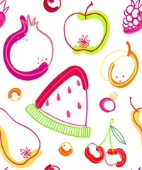 Fruity seamless pattern. Hand-drawn in doodle style. Creative background with bright fruits. Pineapple, banana, watermelon, pomegranate, lemon, pear, apricot, apple, fig, berry, and persimmon.