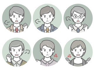 怒る中年男性の丸アイコンセット