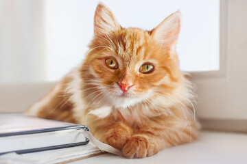Cute ginger cat is playing with bookmark. Portrait of curious fluffy pet on sunlight. Cozy morning at home.