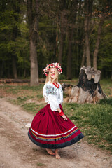 Fototapeta premium A Ukrainian woman in an embroidered national costume with a wreath on her head dances in the forest and smiles. Traditional Ukrainian costume. Slav girl. Ukraine. 