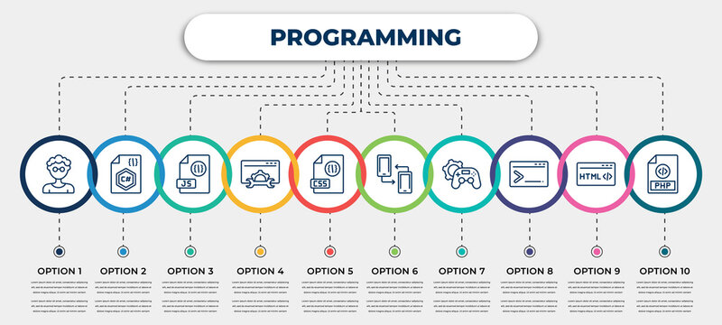 vector infographic template with icons and 10 options or steps. infographic for programming concept. included developer, c sharp, js, seo tools, css file format, cross-platform, game development,