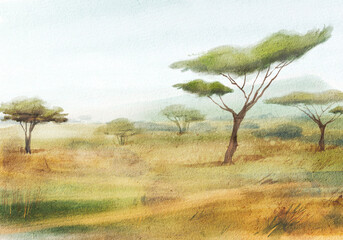 Watercolor Africa landscape. African savannah background.