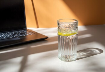 A glass of water with lemon and a laptop on a beige background with beautiful sunny shadows. Digital detox concept, work break, water balance, healthy lifestyle