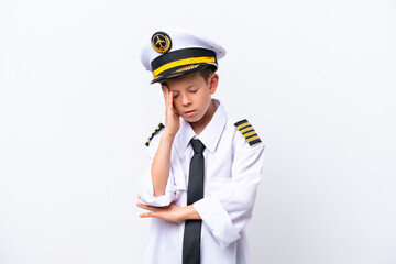 Little airplane pilot boy isolated on white background with headache