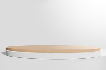 pedestal display with abstract pastel color and wood background with box stand concept. Podium for brand promotion products, realistic 3d digital rendering